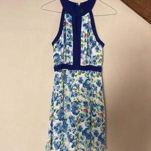Flower print dress, blue, pink and greens.